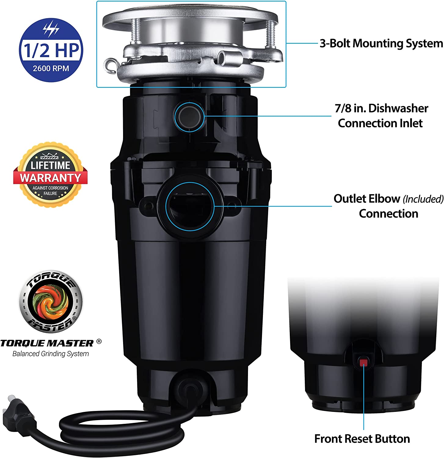 Waste Maid 10-US-WM-058-3B Garbage Disposal Anti-Jam Stainless Steel Food Waste Grinding System. 1/2 HP Economy. Black