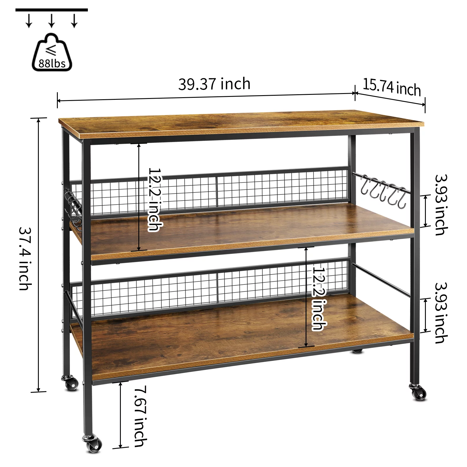 Cheflaud Rolling Kitchen Storage Cart Island with large open shelves and Large Worktop. 3-Tier Kitchen Baker's Rack with 10 Hooks. Stable Steel Structure and Easy Assembly. Rustic Brown