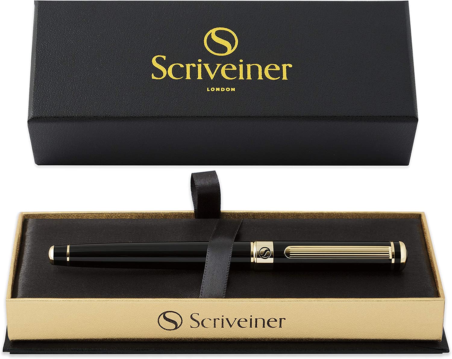 Scriveiner Black Lacquer Rollerball Pen - Stunning Luxury Pen with 24K Gold Finish. Schmidt Ink Refill. Best Roller Ball Pen Gift Set for Men & Women. Professional. Executive Office. Nice Pens