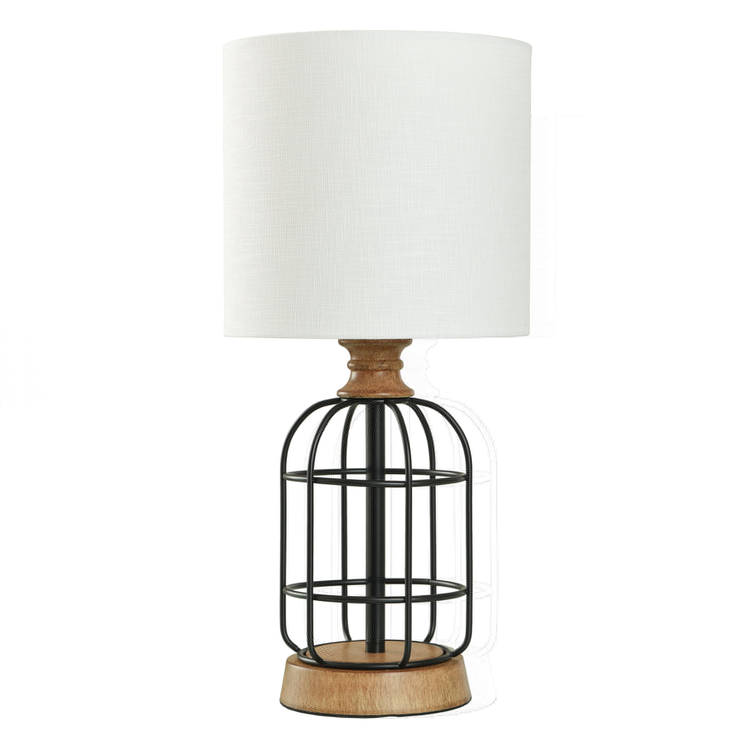 Mainstays Black Metal Cage Table Lamp with Wood Accents and Drum Shade. bulb included. 17″