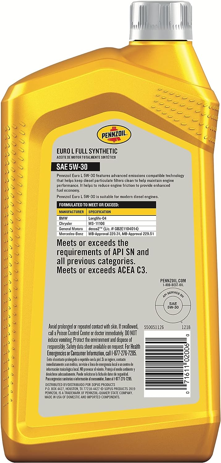 Pennzoil Platinum Euro L Full Synthetic 5W-30 Motor Oil (1-Quart. Case of 6)