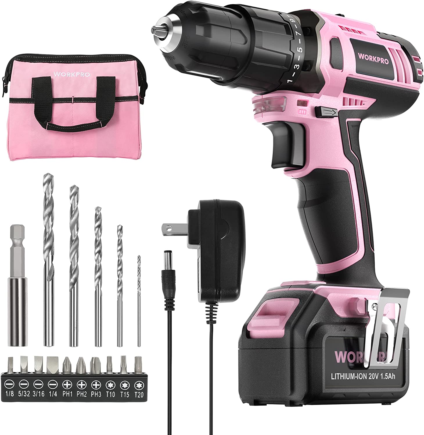 WORKPRO ‎W004532A Pink Cordless 20V Lithium-ion Drill Driver Set. 1 Battery. Charger and Storage Bag Included - Pink Ribbon