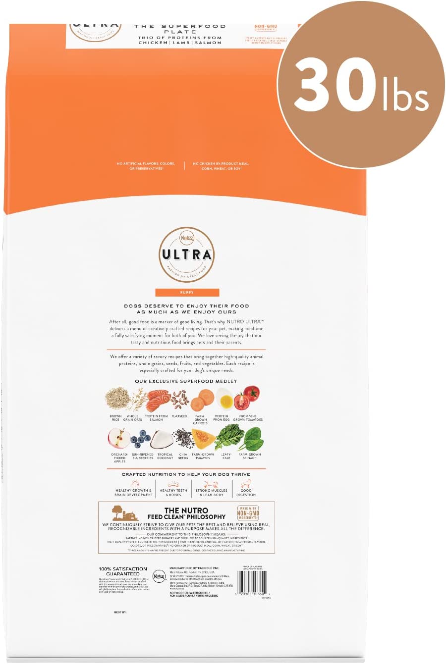 NUTRO ULTRA High Protein Natural Dry Dog Puppy Food with a Trio of Proteins from Chicken Lamb and Salmon 30 lb. Bag