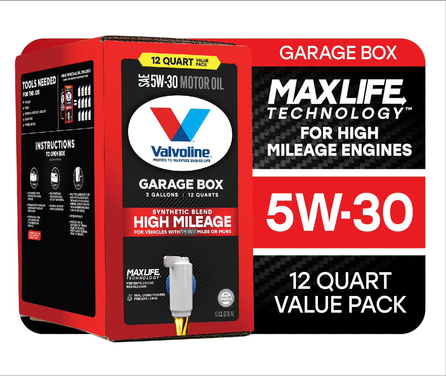 Valvoline High Mileage MaxLife 5W-30 Synthetic Blend Motor Oil 12 QT Garage Box