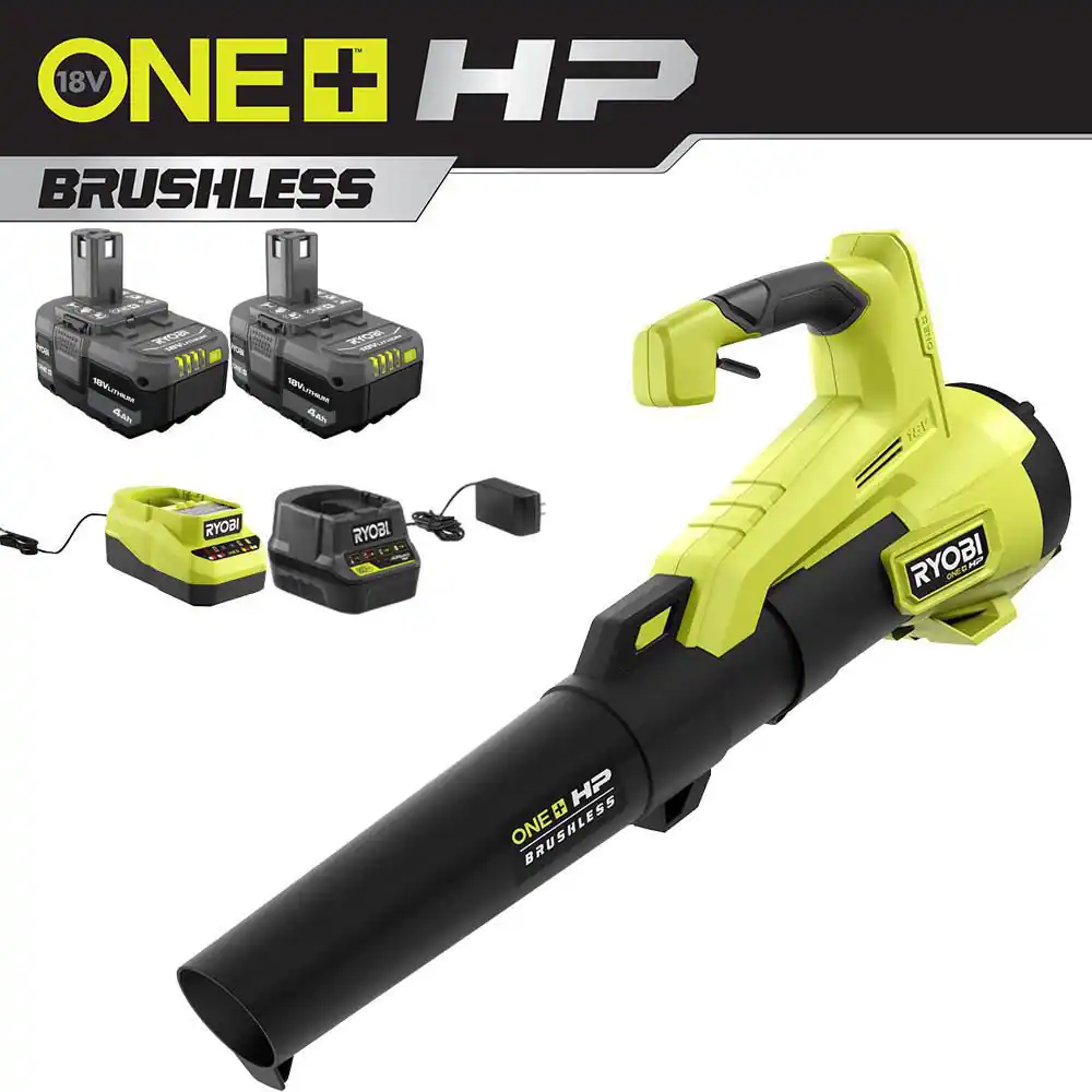 RYOBI P21120-BK ONE+ HP 18V Brushless 110 MPH 350 CFM Cordless Variable-Speed Jet Fan Leaf Blower w/(2) 4.0 Ah Battery and (2) Charger