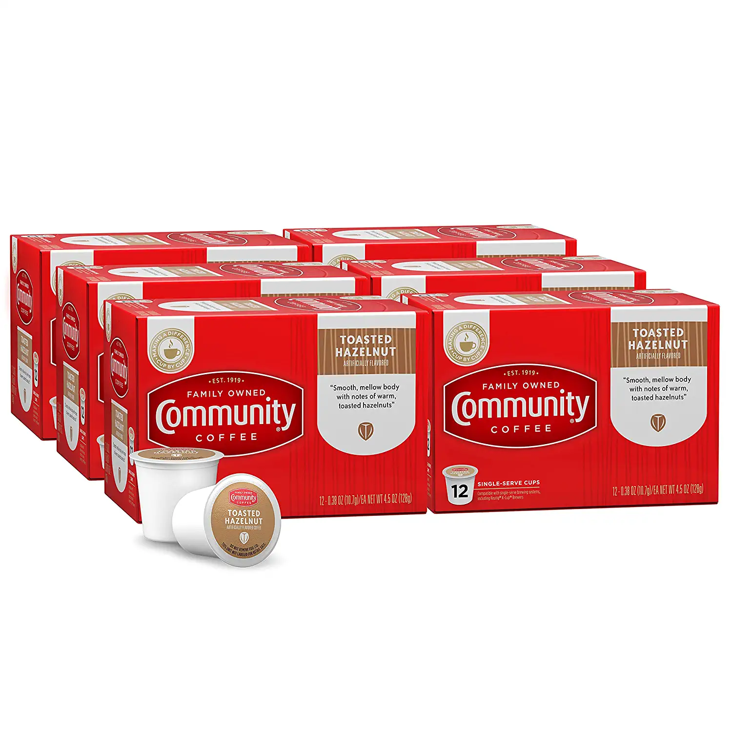 Community Coffee Toasted Hazelnut Flavored 72 Count Coffee Pods Medium Roast. Compatible with Keurig 2.0 K-Cup Brewers. 12 Count (Pack of 6)
