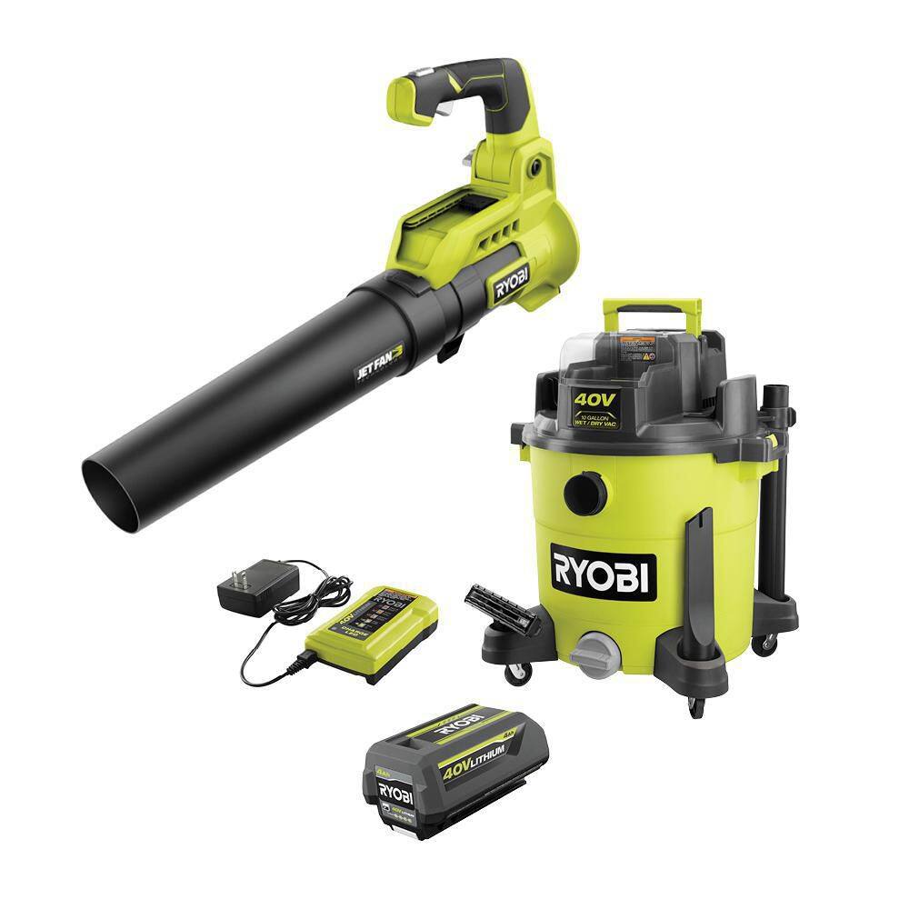 RYOBI RY40WD01K-RY40408BTLVNM 40V 10 Gal. Cordless Wet/Dry Vacuum with 40V Variable-Speed Jet Fan Leaf Blower. 4.0 Ah Battery. and Charger