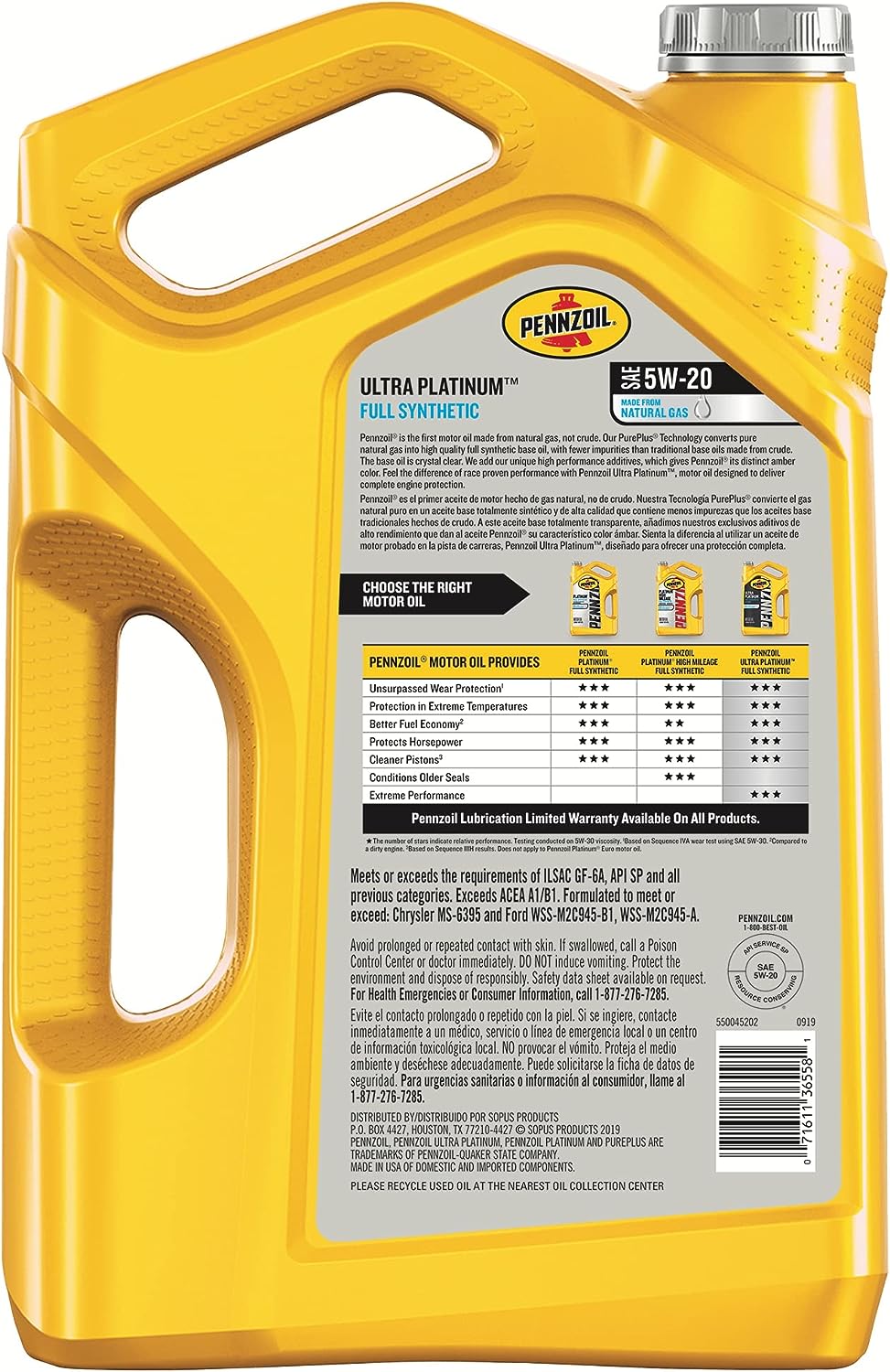Pennzoil Ultra Platinum Full Synthetic 5W-20 Motor Oil (5 Quart. Case of 3)