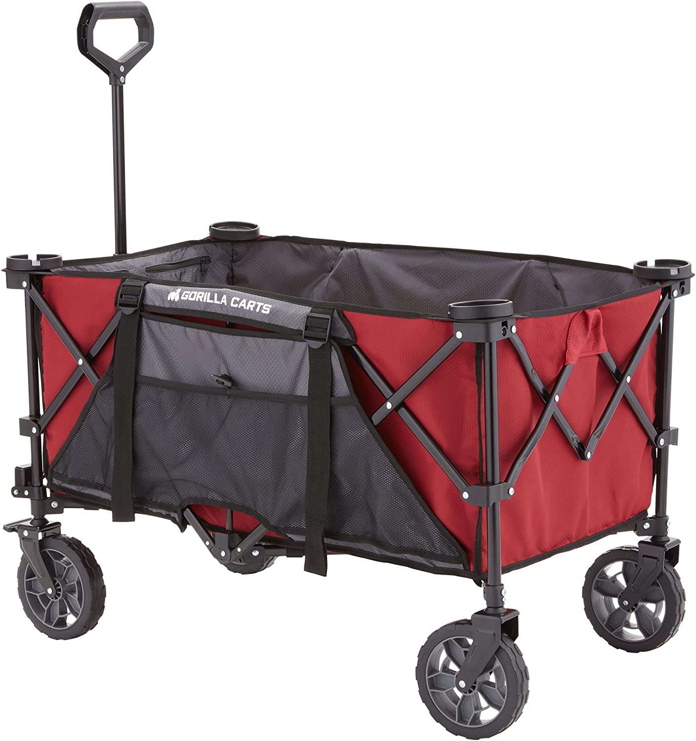 Gorilla Carts 7 Cubic Feet Foldable Collapsible Durable All Terrain Utility Pull Beach Wagon with Oversized Bed and Built in Cup Holders. Red
