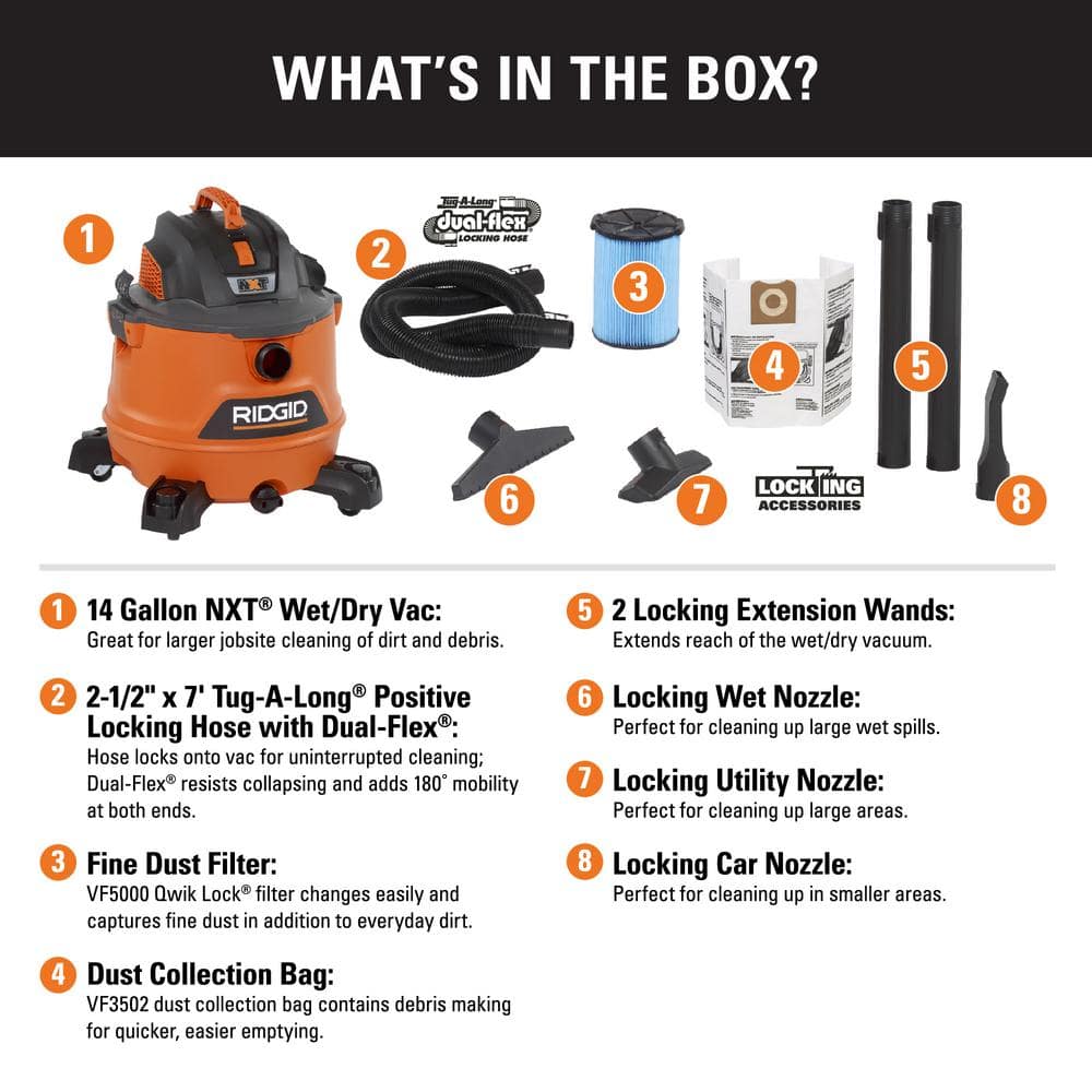 RIDGID HD1400A 14 Gallon 6.0 Peak HP NXT Wet/Dry Shop Vacuum with Fine Dust Filter. Dust Bags. Locking Hose and Accessories