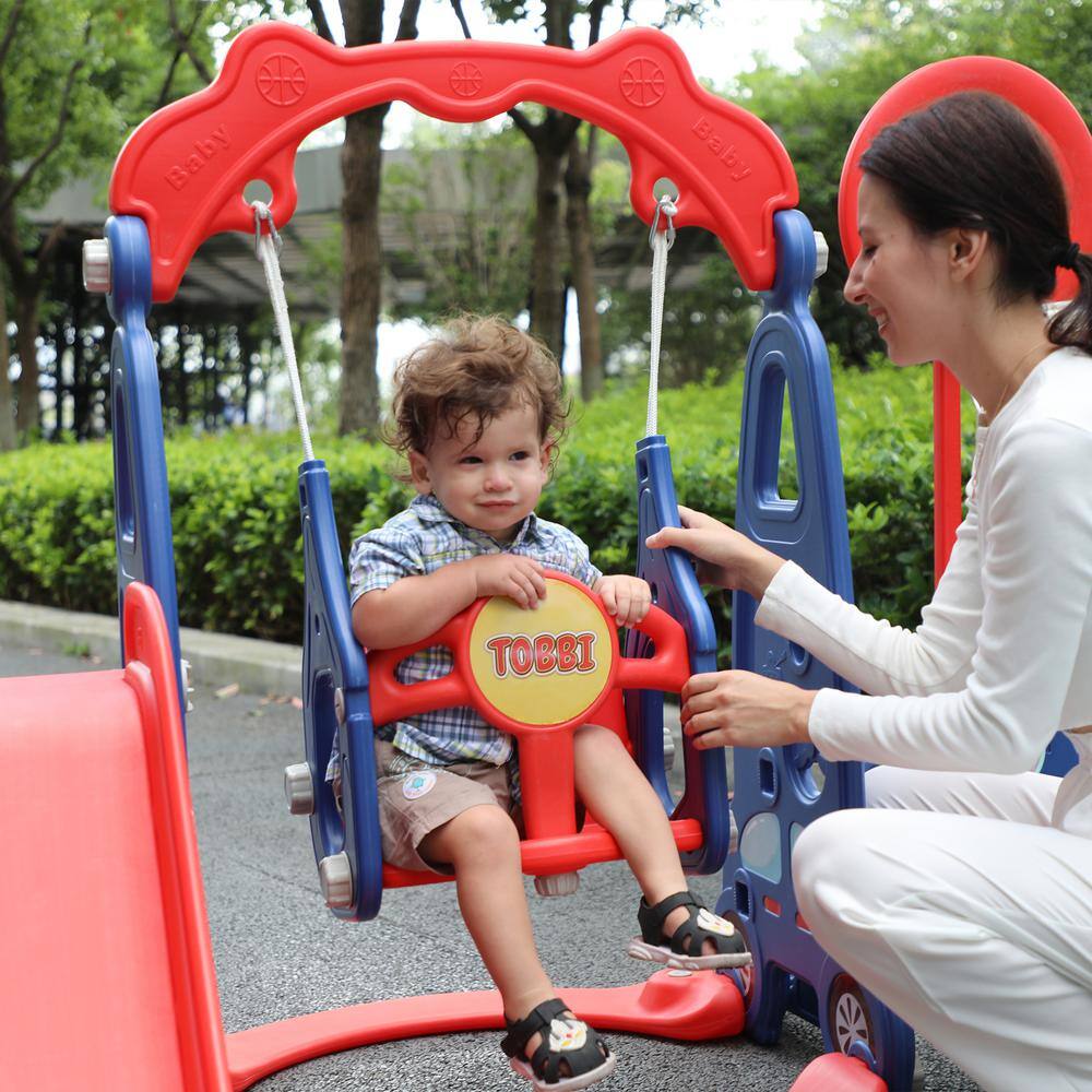 TOBBI TH17Y0858 5 in 1 Kids Slide and Swing Set Indoor Outdoor Playground Toddler Playset with Basketball Hoop