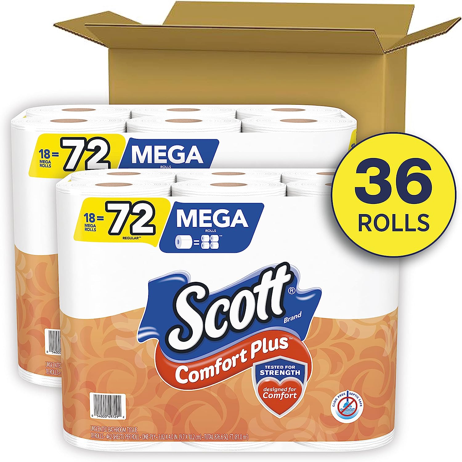 Scott ComfortPlus Toilet Paper. 36 Mega Rolls. 425 Sheets per Roll. Septic-Safe. 1-Ply Toilet Tissue