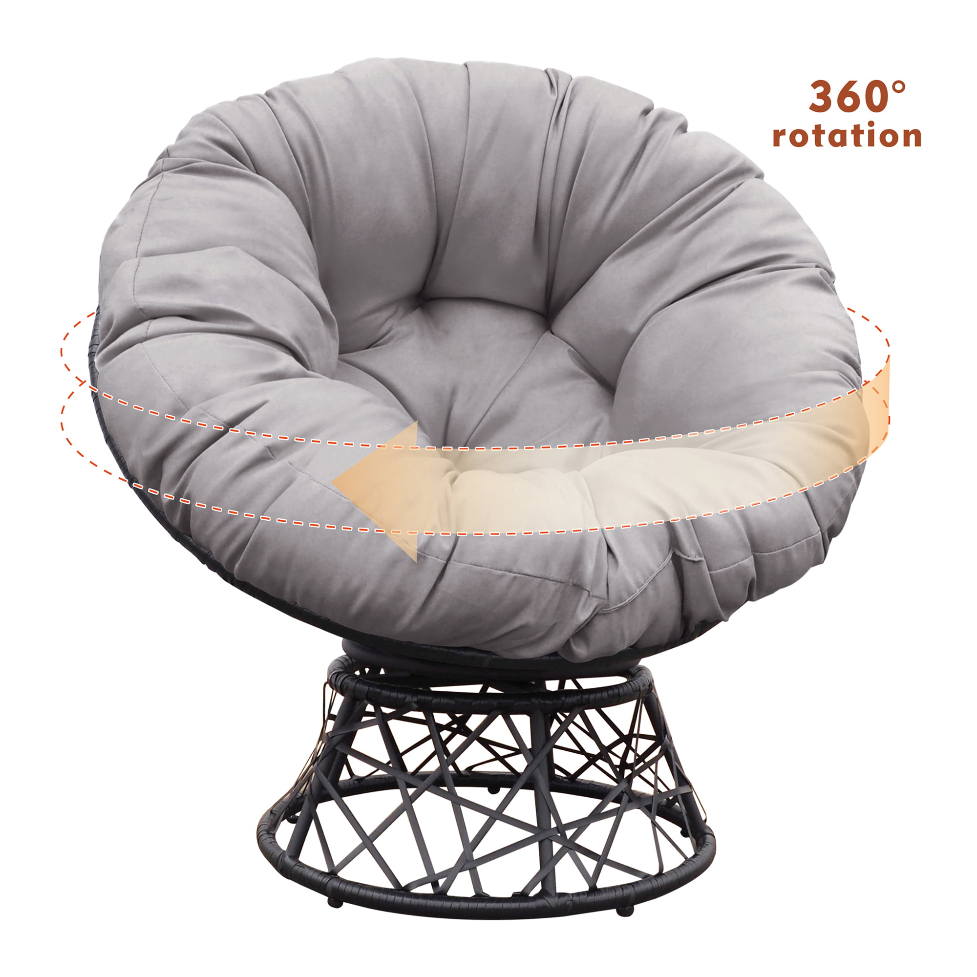 Arttoreal Outdoor Patio Wicker Papasan Chair 360-Degree Swivel with Frame and Cushion.Comfy Round Lounge Moon Chair.Gray