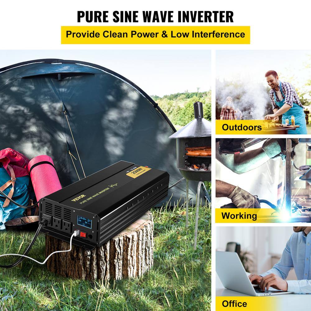 VEVOR CZXNBQDMKWKDDF3BRV9 Pure Sine Wave Power Inverter 2500-Watt Car Inverter DC 12-Volt to AC 120-Volt with USB Port LCD Display Remote Control