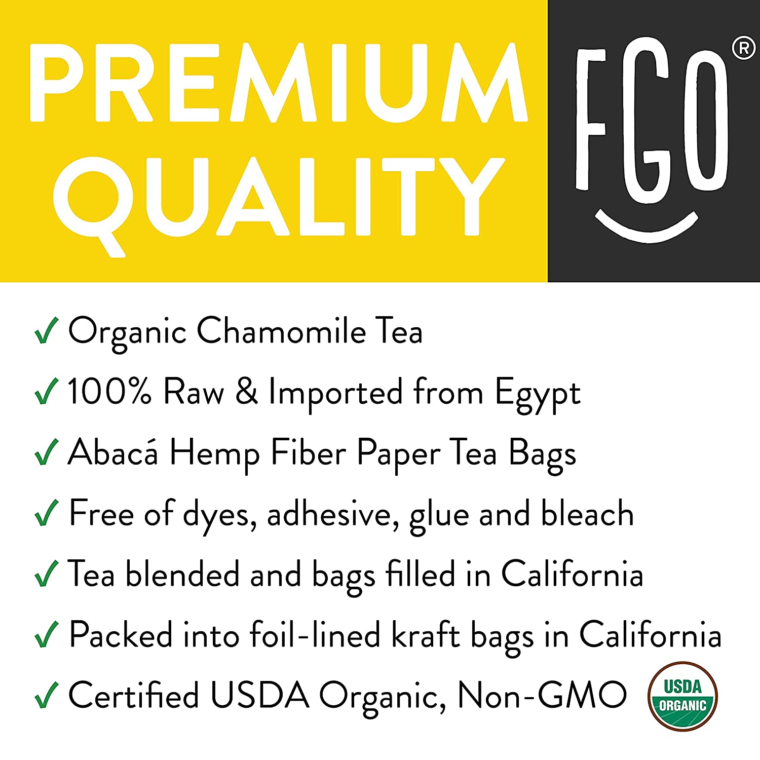 FGO Organic Chamomile Tea Bags 100 Tea Bags. Eco-Conscious Tea Bags in Kraft Bag Raw from Egypt