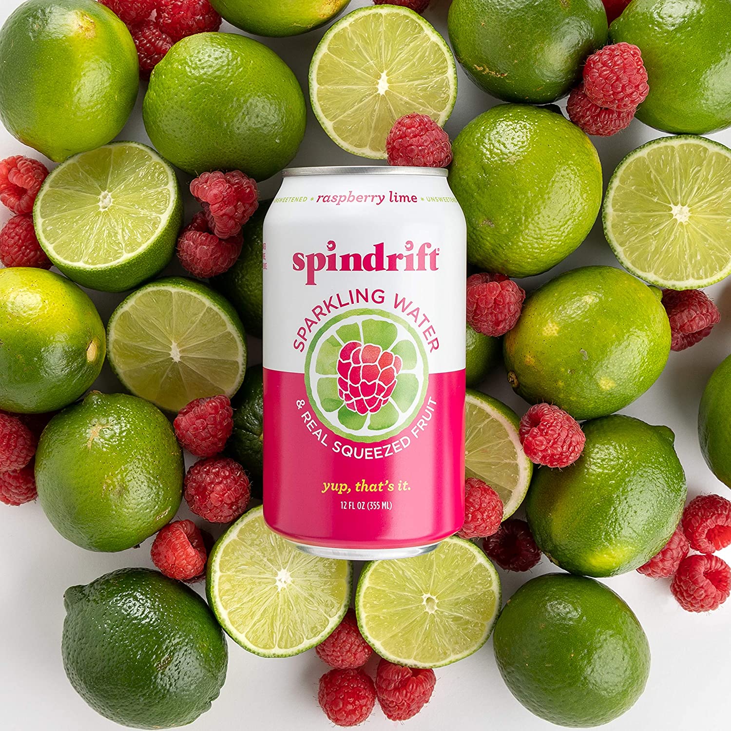Spindrift Sparkling Water. Raspberry Lime Flavored. Made with Real Squeezed Fruit. Only 9 Calories per Seltzer Water Can. 12 Fl Oz Cans. Pack of 24
