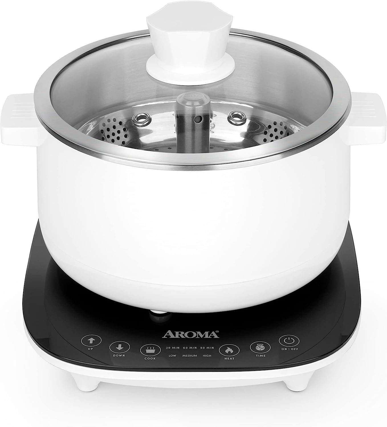 Aroma Housewares 2.5-Liter Smart Electric Hot Pot & Rapid Boil Steamer with Automatic Stainless Steel Steamer Basket Lift. White. ASP-700