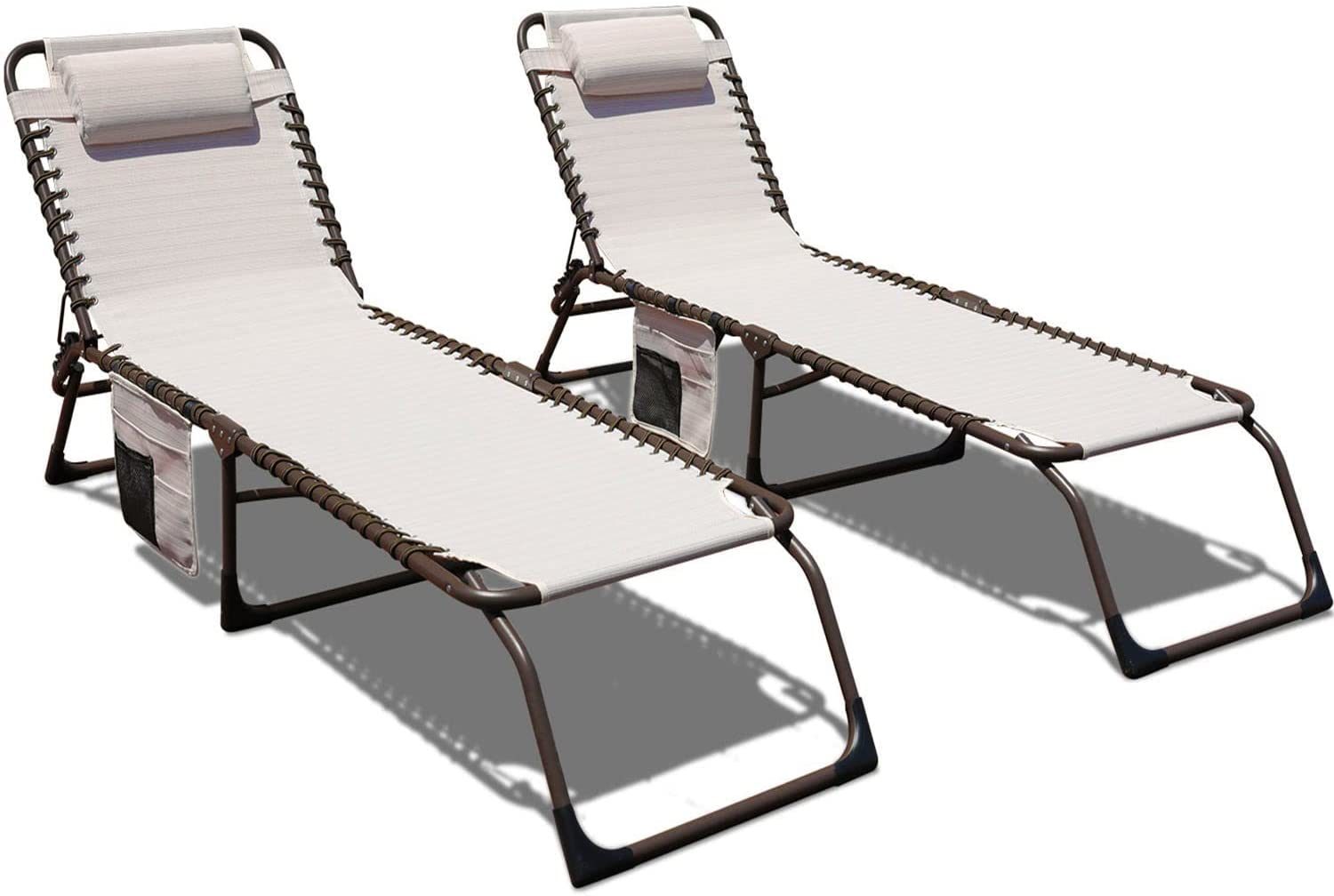 GOLDSUN 2 Pieces Outdoor Chaise Lounge Set with Detachable Pocket and Pillow. Portable Adjustable Patio Sun Lounge Chair Set for Garden.Beach. Sunbathing. Pool. Deck.Camping and Poolside-Beige
