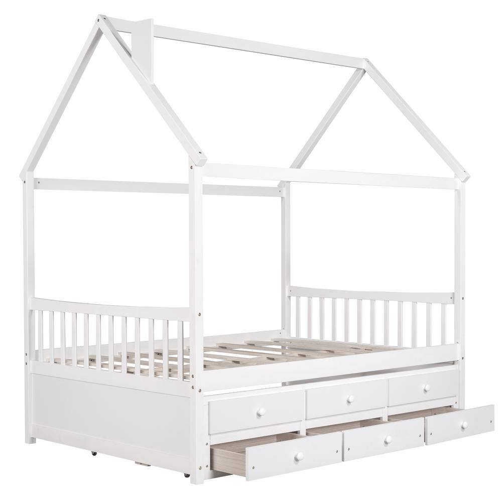 Qualler  White Full size Wooden House Bed With Trundle and 3 Storage Drawers