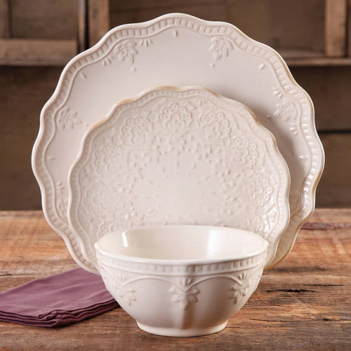 The Pioneer Woman Farmhouse Lace 12-Piece Dinnerware Set. Linen