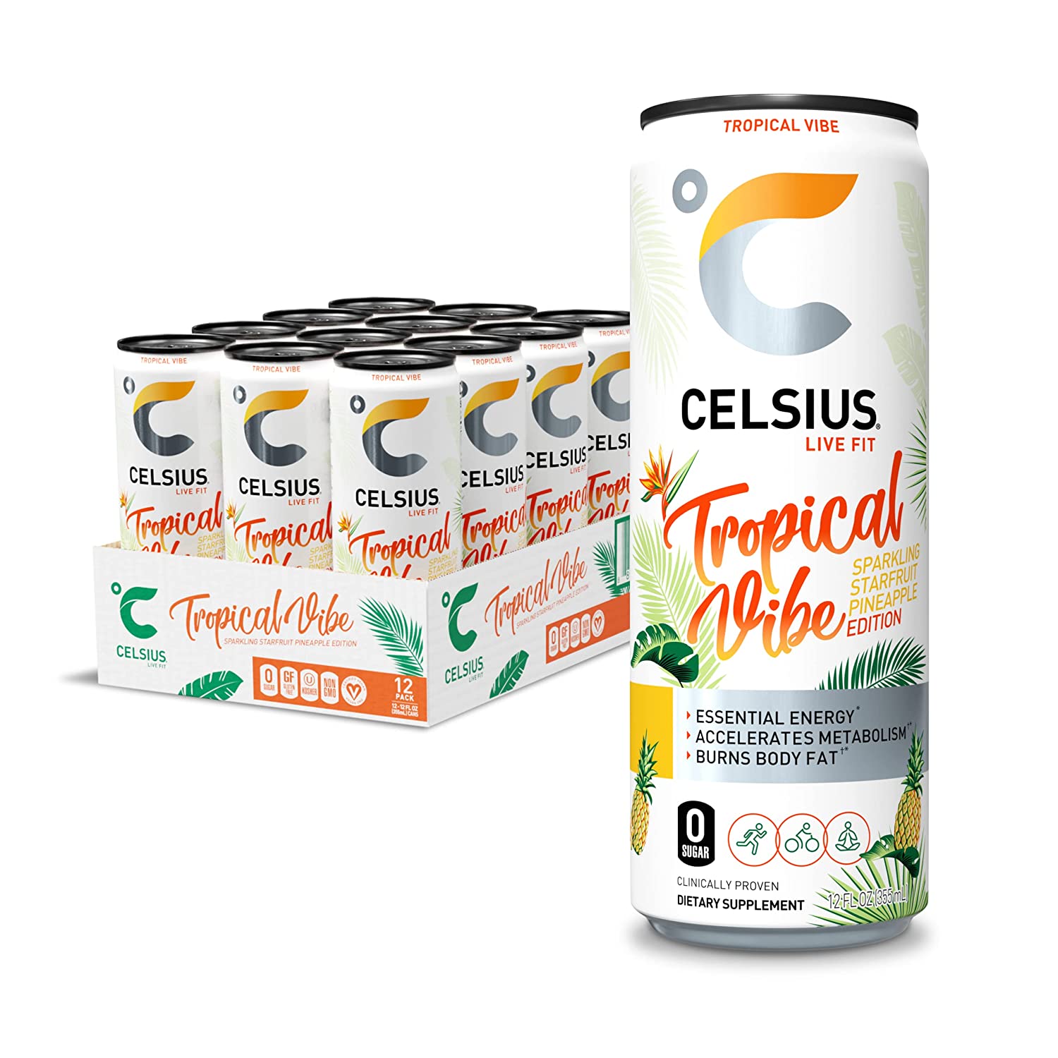 CELSIUS Essential Energy Drink 12 Fl Oz. Zero Sugar. Sparkling Tropical Vibe (Pack of 12)