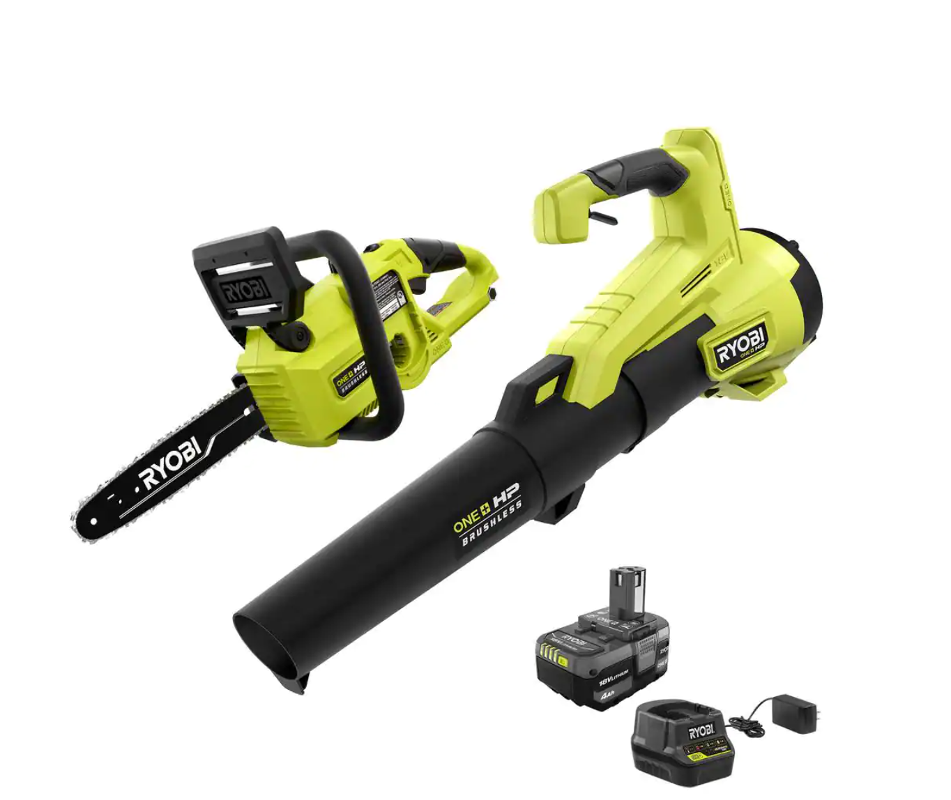 RYOBI P2520-BLW ONE+ HP 18V Brushless 10 in. Cordless Battery Chainsaw and 110 MPH 350 CFM Leaf Blower with 4.0 Ah Battery and Charger