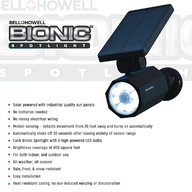 BELL + HOWELL  Bionic spotlight 250-Lumen 4-Watt Black Low Voltage Solar LED Spot Light Motion Sensor for Patio. Yard. Garden Outdoor Lighting As Seen On TV. Black