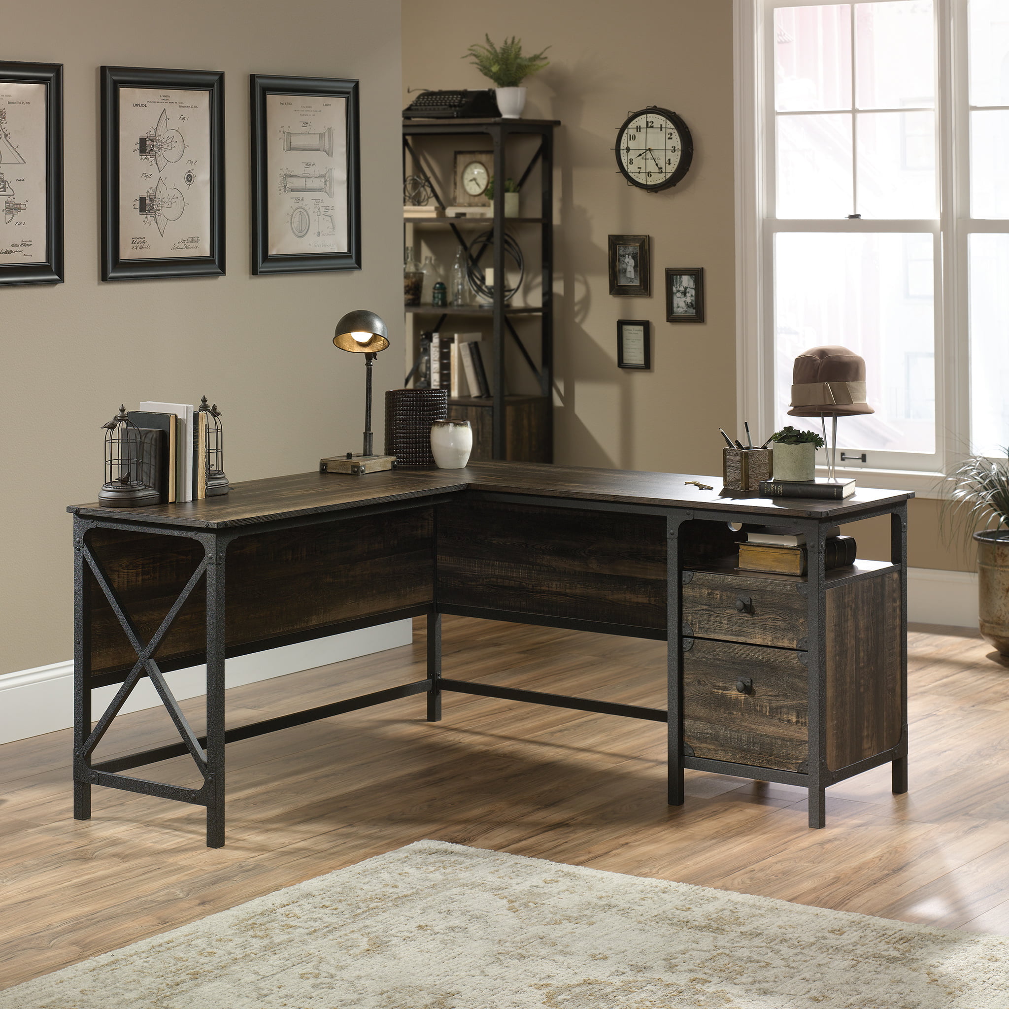 Sauder 423976 Steel River L-Desk. Carbon Oak Finish