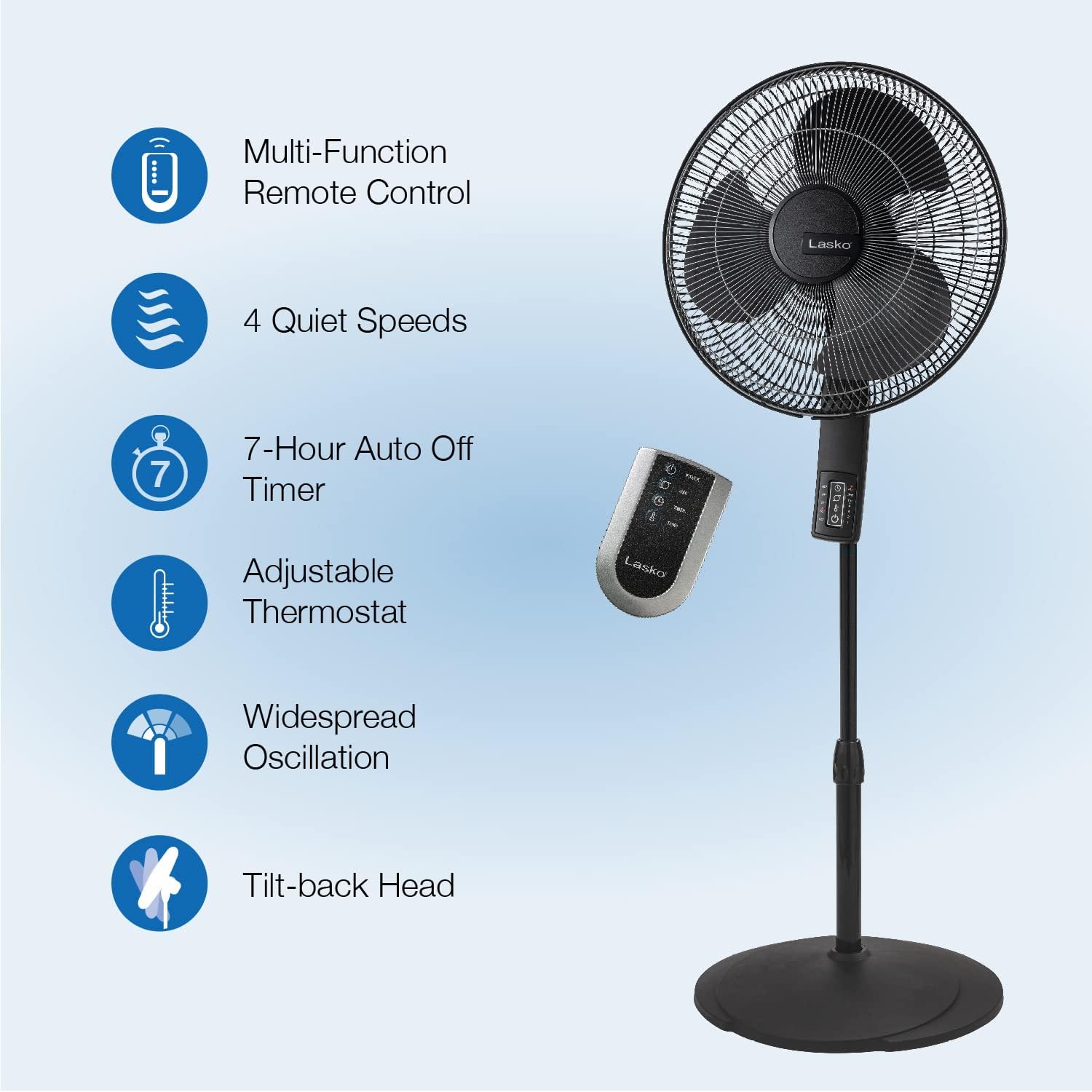 Lasko Oscillating Pedestal Fan. Thermostat. Adjustable Height. Remote Control. Timer. 4 Speeds. for Bedroom. Living Room. Office & Dorm. 16″. Black. S16612