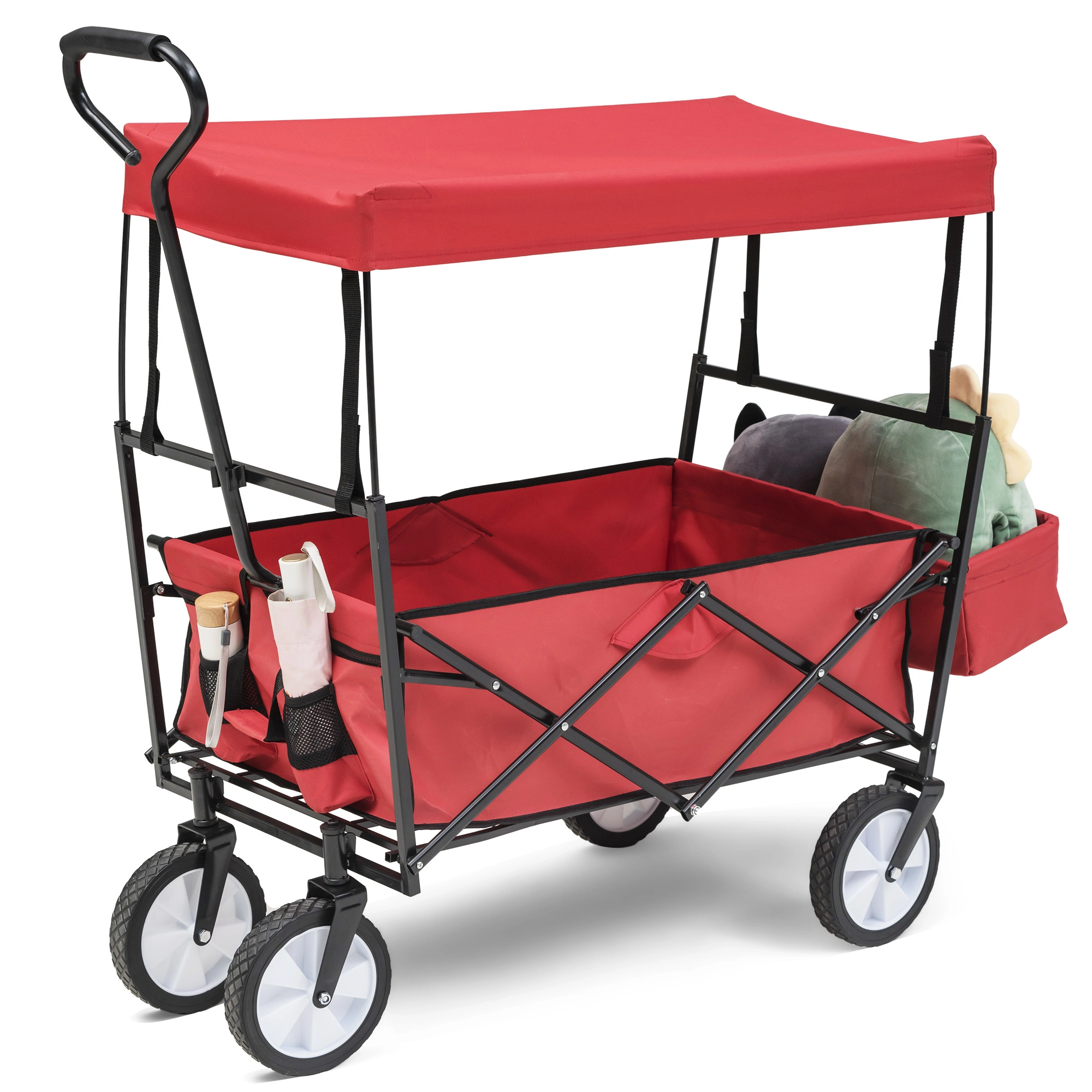 Collapsible Wagon Folding Cart with Canopy Beach Garden Outdoor Sport Utility Cart Wheels Adjustable Handle Rear Storage. Red. 49.2 x 20.5 x 45.27 inches