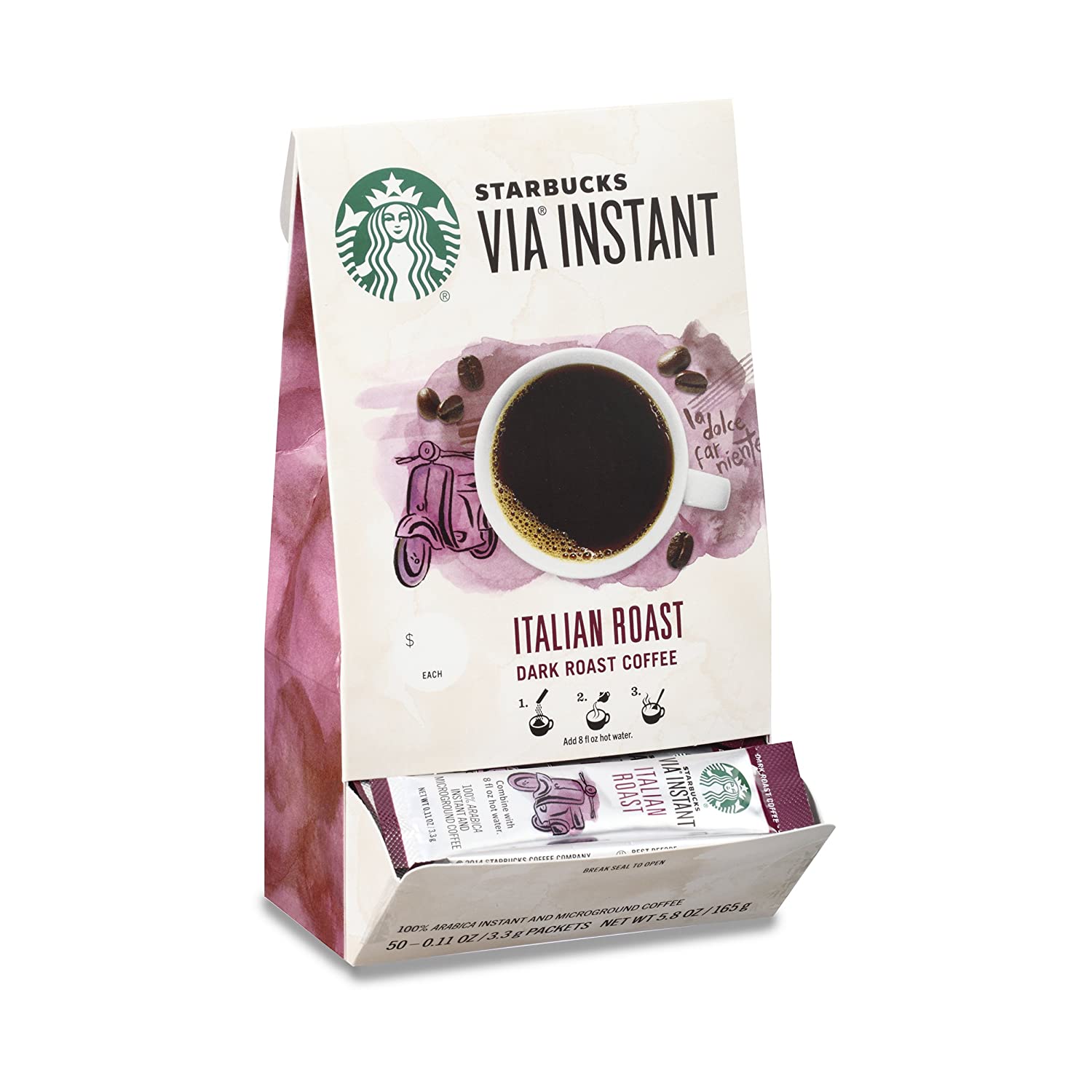 Starbucks VIA Instant Coffee Dark Roast Coffee Italian Roast. 100% Arabica. 1 box (50 packets)