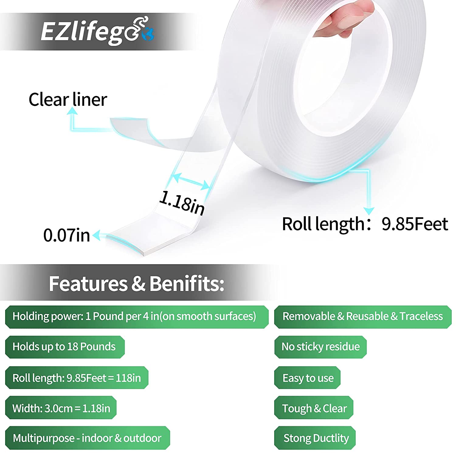 EZlifego Double Sided Tape Heavy Duty (9.85FT). Multipurpose Removable Tape