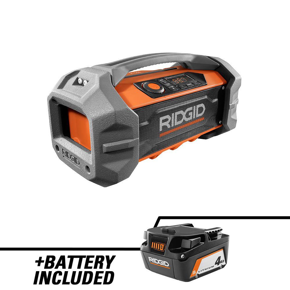 RIDGID R84087-AC87004 18V Hybrid Jobsite Radio with Bluetooth Wireless Technology with 18V Lithium-Ion 4.0 Ah Battery