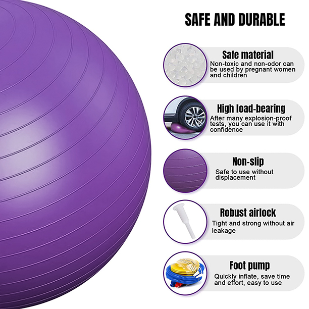 21.6 Inch Thick Yoga Ball Chair Exercise Ball Extra. Heavy Duty Stability Ball Supports 397 lbs. Birthing Ball with Quick Pump-Purple