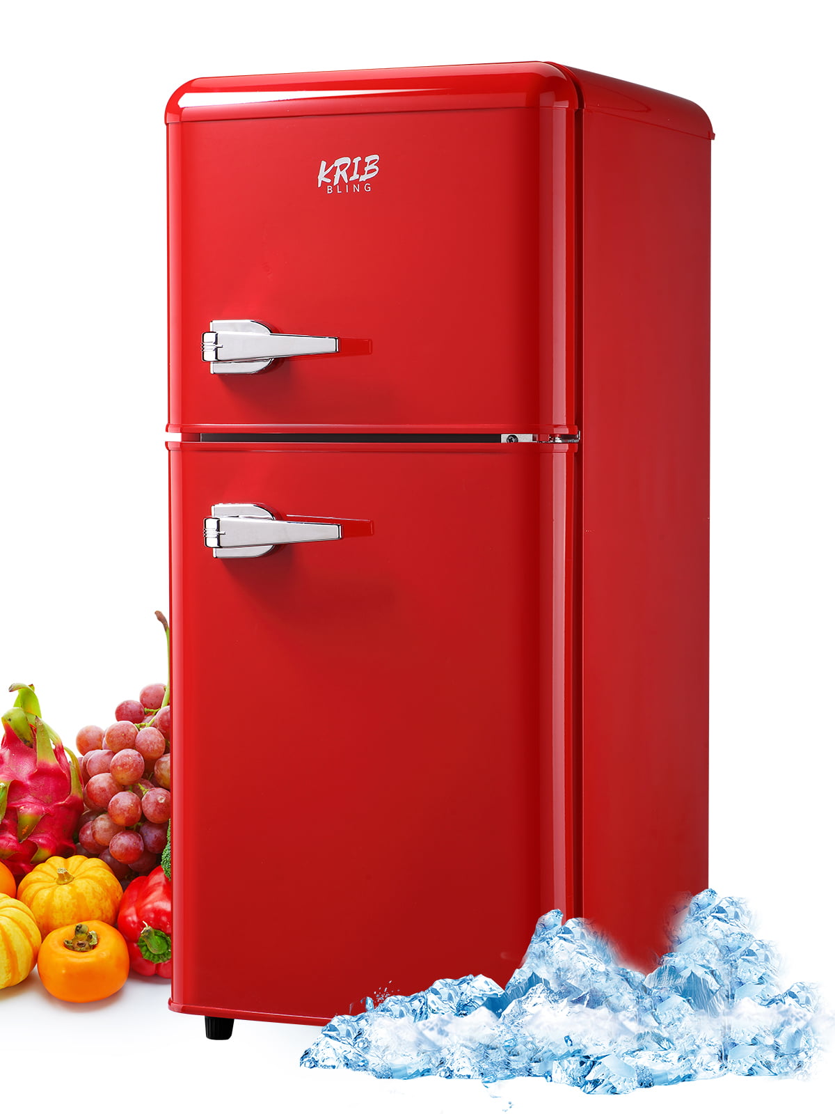 Krib Bling 3.5Cu.ft Compact Refrigerator with 7 Level Thermostat. Mini Fridge with Freezer. 2 Door Portable Fridge with Removable Glass Shelves. Suitable for Kitchen. Apartment. Dorm. Bar Red