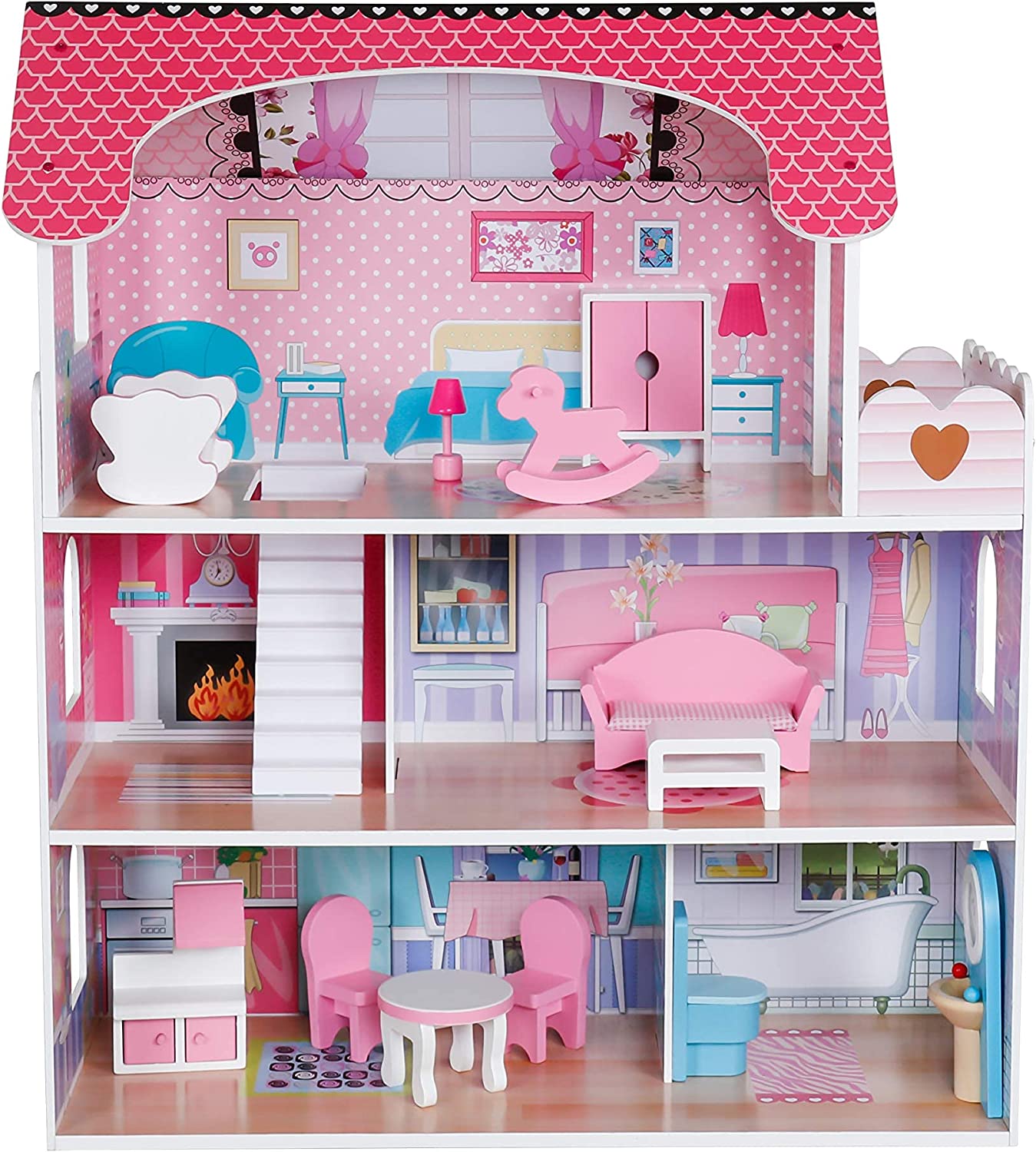 PIDOKO KIDS Wooden Dollhouse - Includes 12 Pcs Furniture Accessories - Wood Doll House for 3 4-5 Year Old Girls