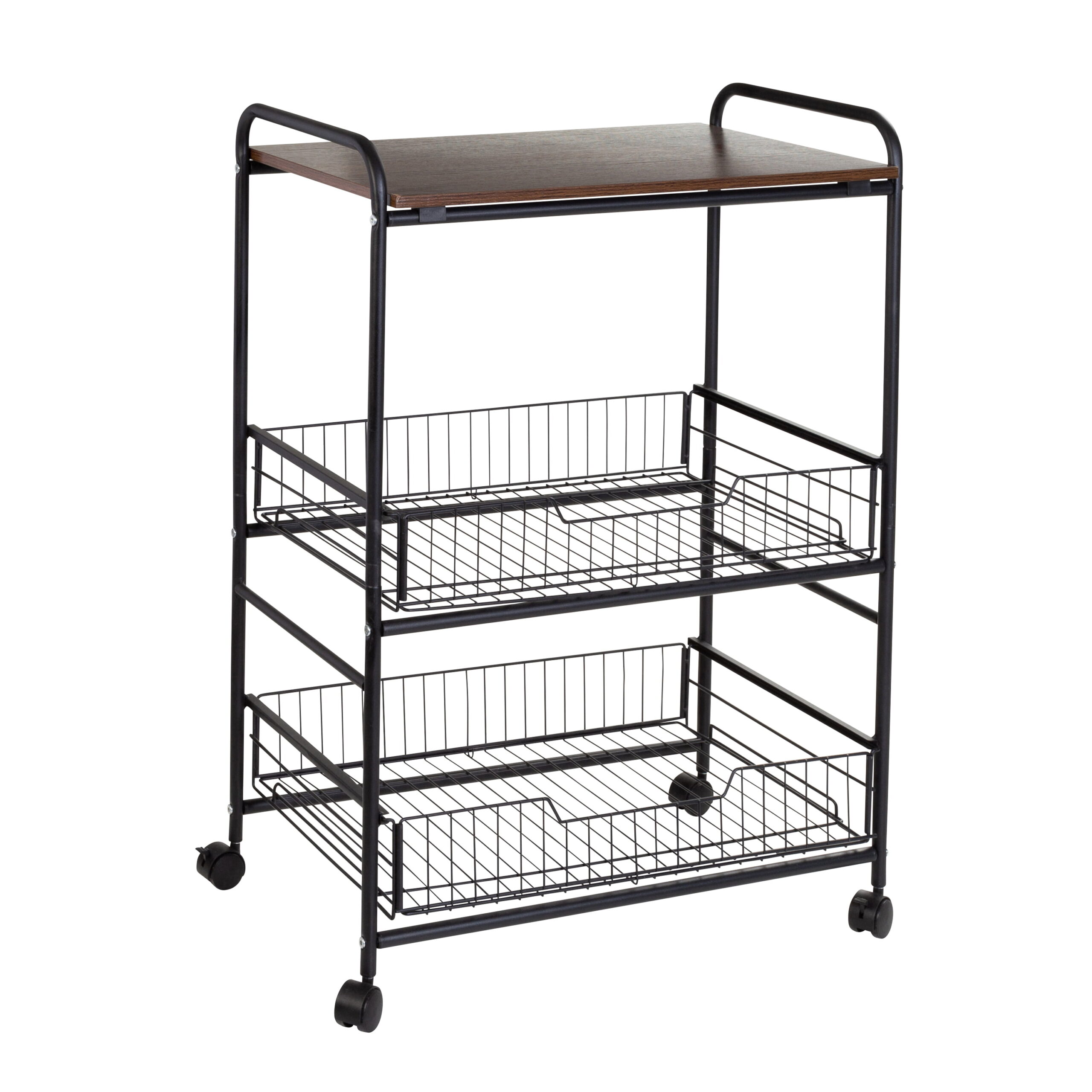 Honey Can Do 3-Tier Rolling Cart with Wood Shelf and Pull-Out Baskets. Black/Walnut