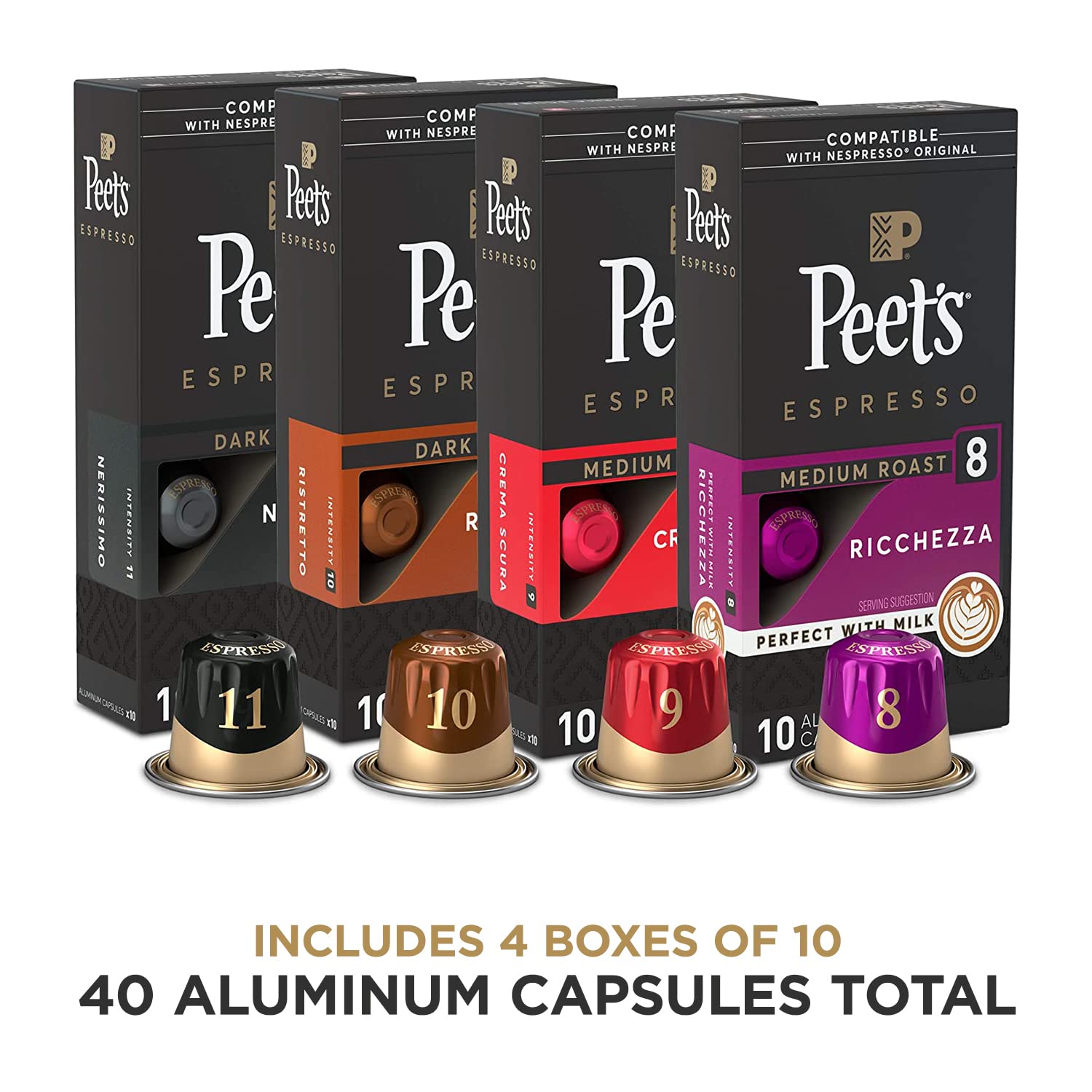 Peet-s Coffee Espresso Capsules Variety Pack. 40 Count Single Cup Coffee Pods. Compatible with Nespresso Original Brewers. Crema Scura. Nerissimo. Ricchezza. Ristretto
