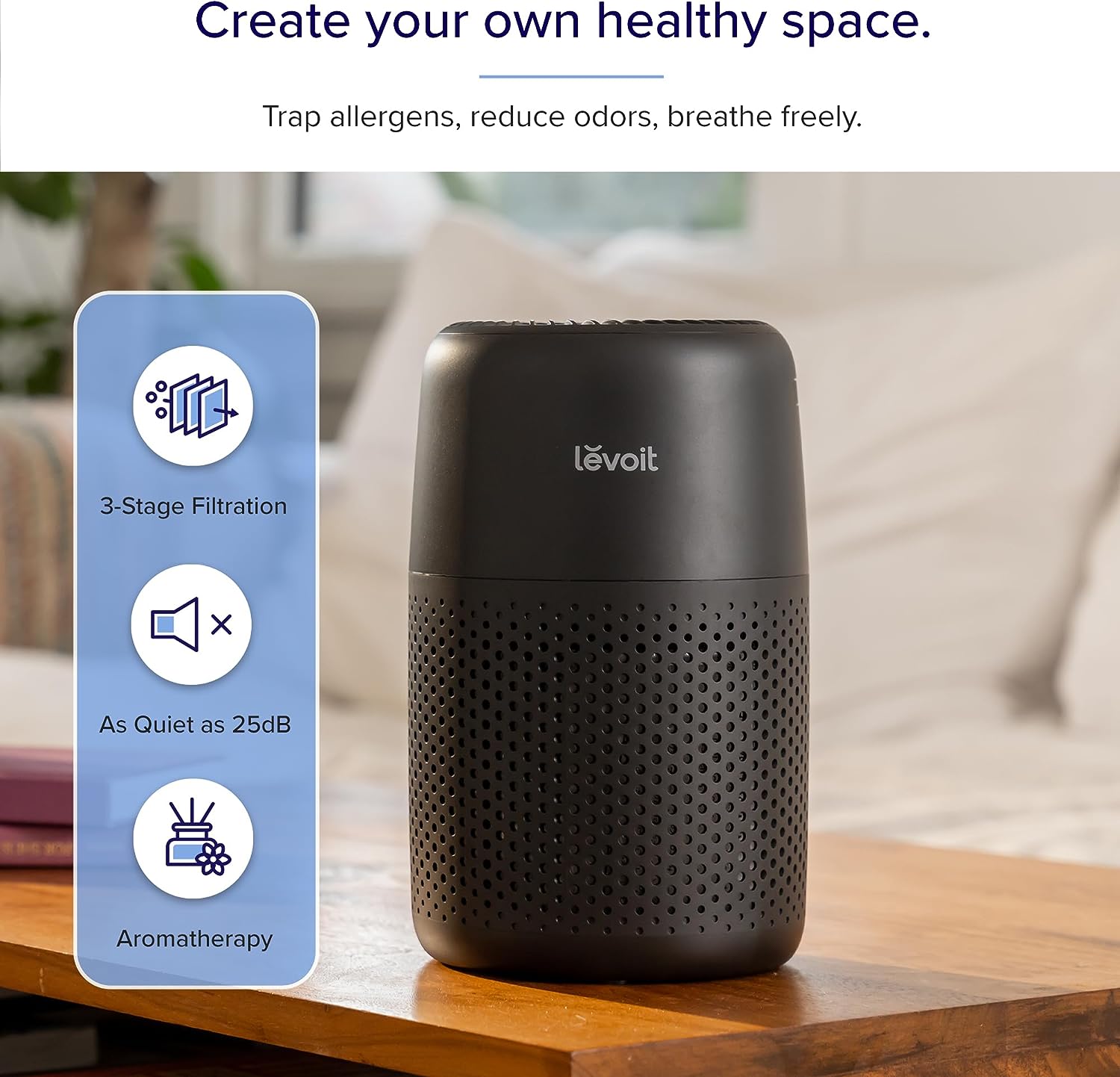 LEVOIT Air Purifiers For Bedroom Home. HEPA Filter Cleaner With Fragrance Sponge For Better Sleep. Filters Smoke. Allergies. Pet Dander. Odor. Dust. Office. Desktop. Portable. Core Mini. Black