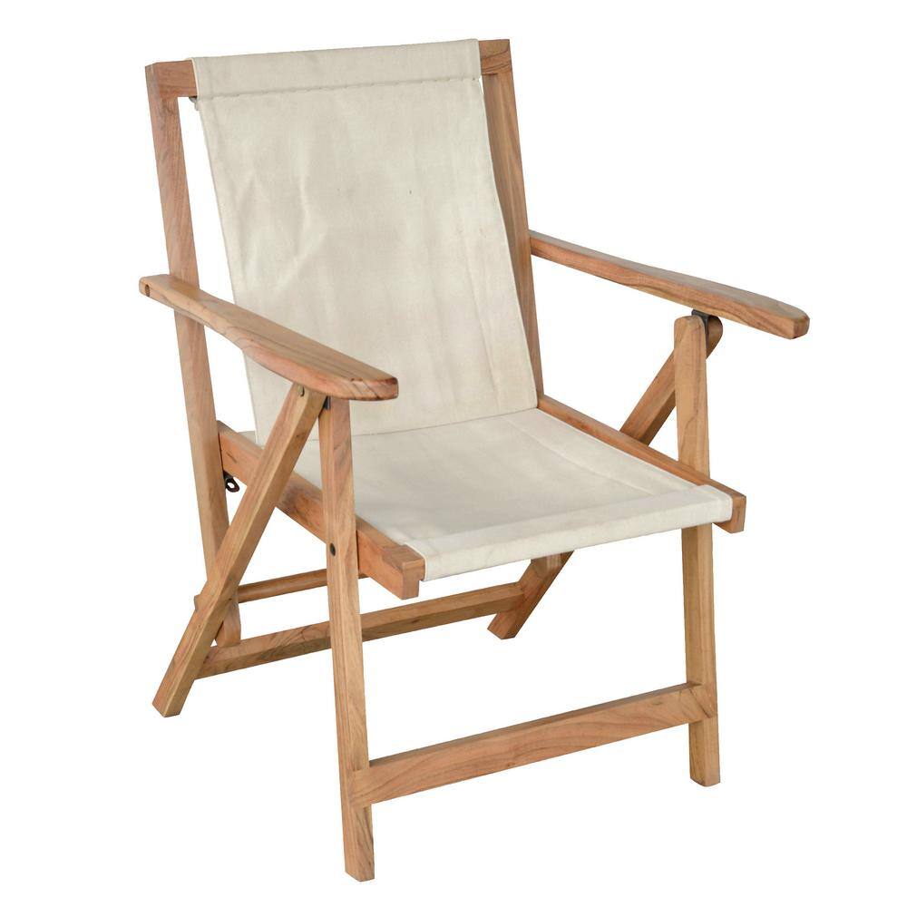 AmeriHome 809466 Acacia Wood Ivory Canvas Folding Deck Chair