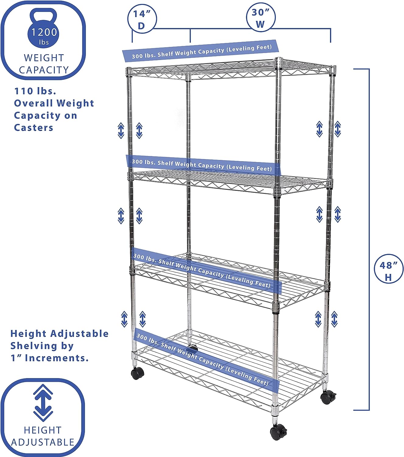 Seville Classics Solid Steel Wire Shelving Storage Unit Adjustable Shelves Organizer Rack. for Home. Kitchen. Office. Garage. Bedroom. Closet. Steel. 4-Tier. 30″ W x 14″ D