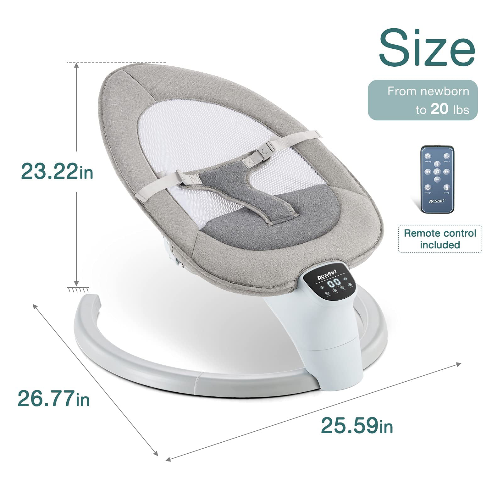 RONBEI 3 IN 1 Baby Swing  Comfort Electric Cradling  Swing for Infants Soothe Portable  Newborn Swing with Music Remote Control Timing Function Mosquito Net Gray
