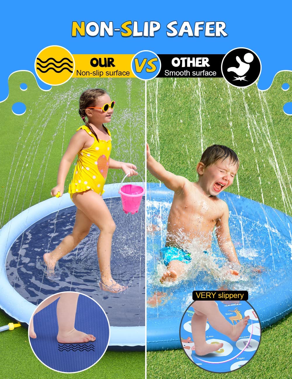 VISTOP Non-Slip Splash Pad for Kids and Dog. Thicken Sprinkler Pool Summer Outdoor Water Toys - Fun Backyard Fountain Play Mat for Baby Girls Boys Children or Pet Dog (77 inch. Blue&Blue)