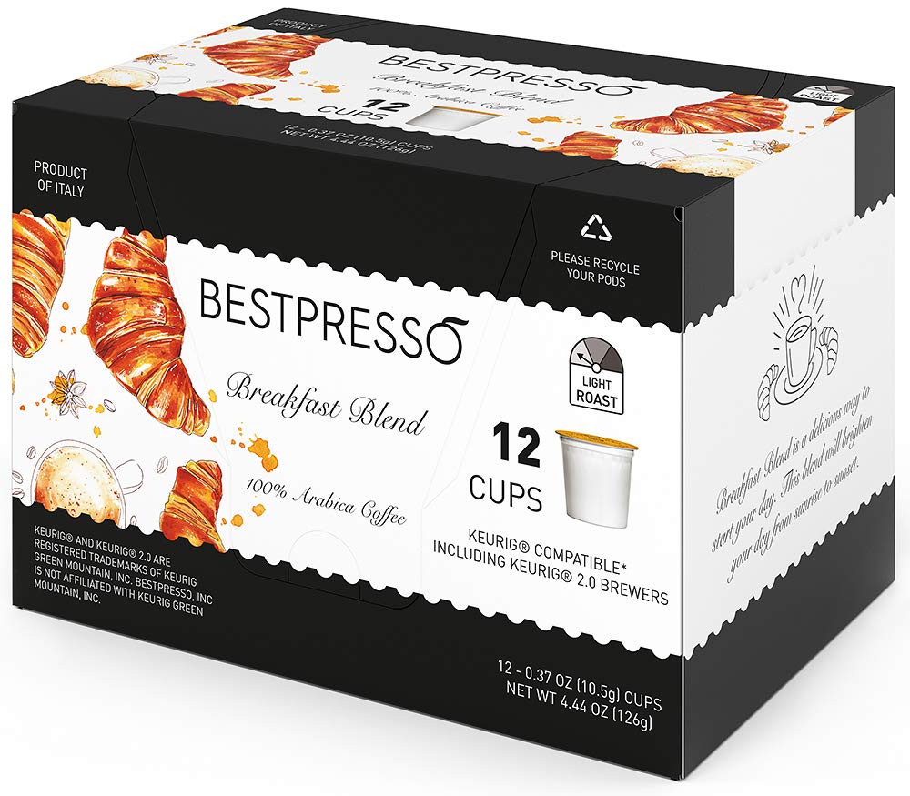Bestpresso Coffee. Breakfast Blend Light Roast Single Serve K-Cup Pods. 96 Count (Compatible With 2.0 Keurig Brewers) 8 Packs Of 12 Cups