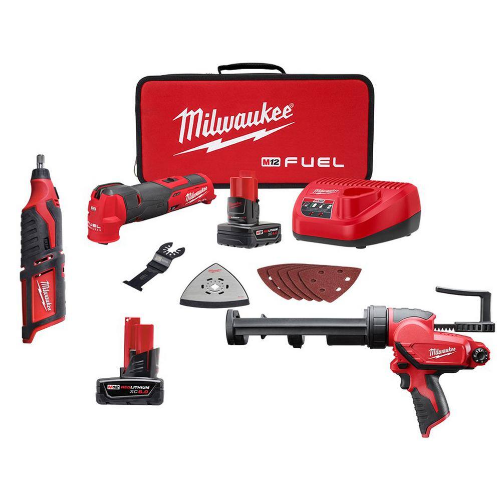 Milwaukee 2526-21XC-2415-20-2460-20-48-11-2460 M12 FUEL 12V Li-Ion Cordless Oscillating Multi-Tool Kit with 3/8 in. Right Angle Drill. Rotary Tool & 6.0Ah Battery