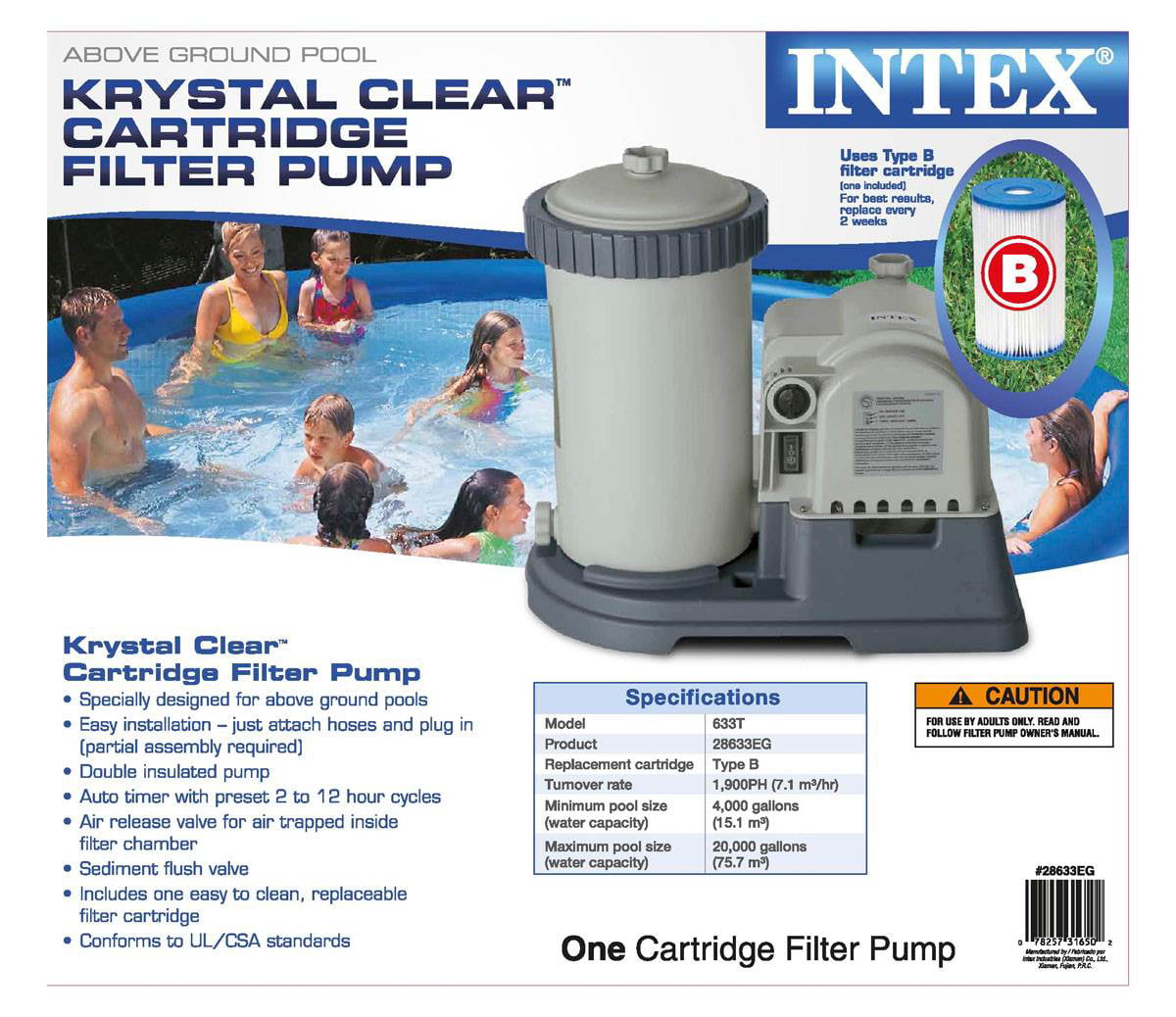 Intex 2500 GPH Swimming Pool Filter Pump & Type B Replacement Filter Cartridge