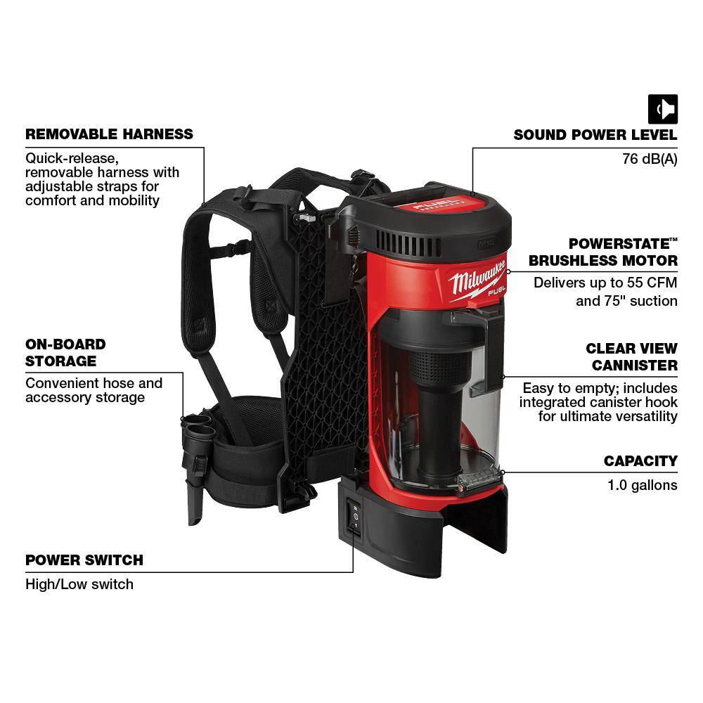 Milwaukee 0885-20 M18 FUEL 18-Volt Lithium-Ion Brushless 1 Gal. Cordless 3-in-1 Backpack Vacuum (Vacuum-Only)
