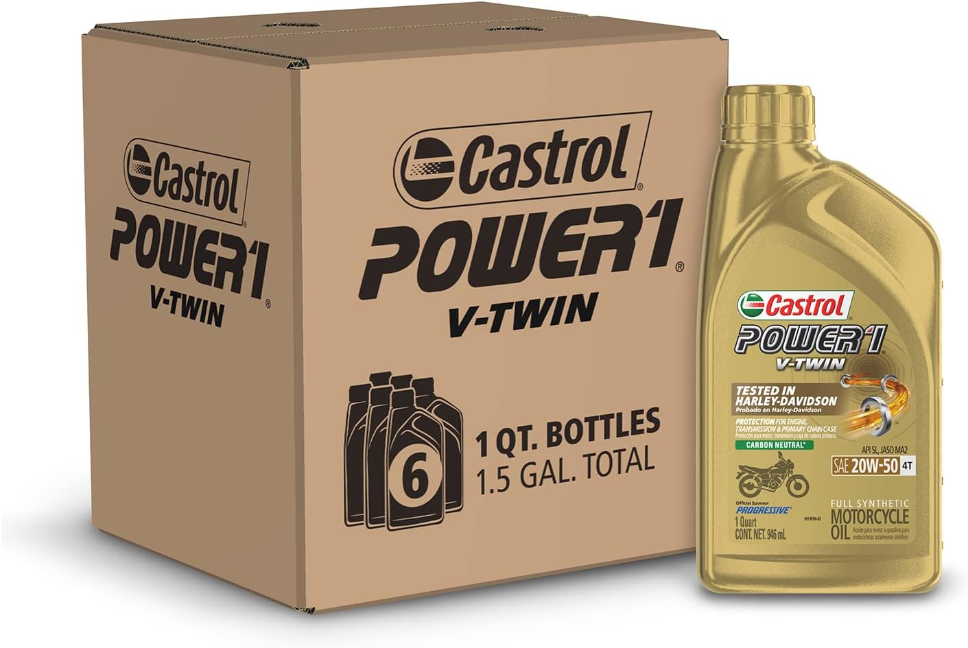 Castrol Power1 V-Twin 20W-50 Full Synthetic Motorcycle Oil. 1 Quart. Pack of 6