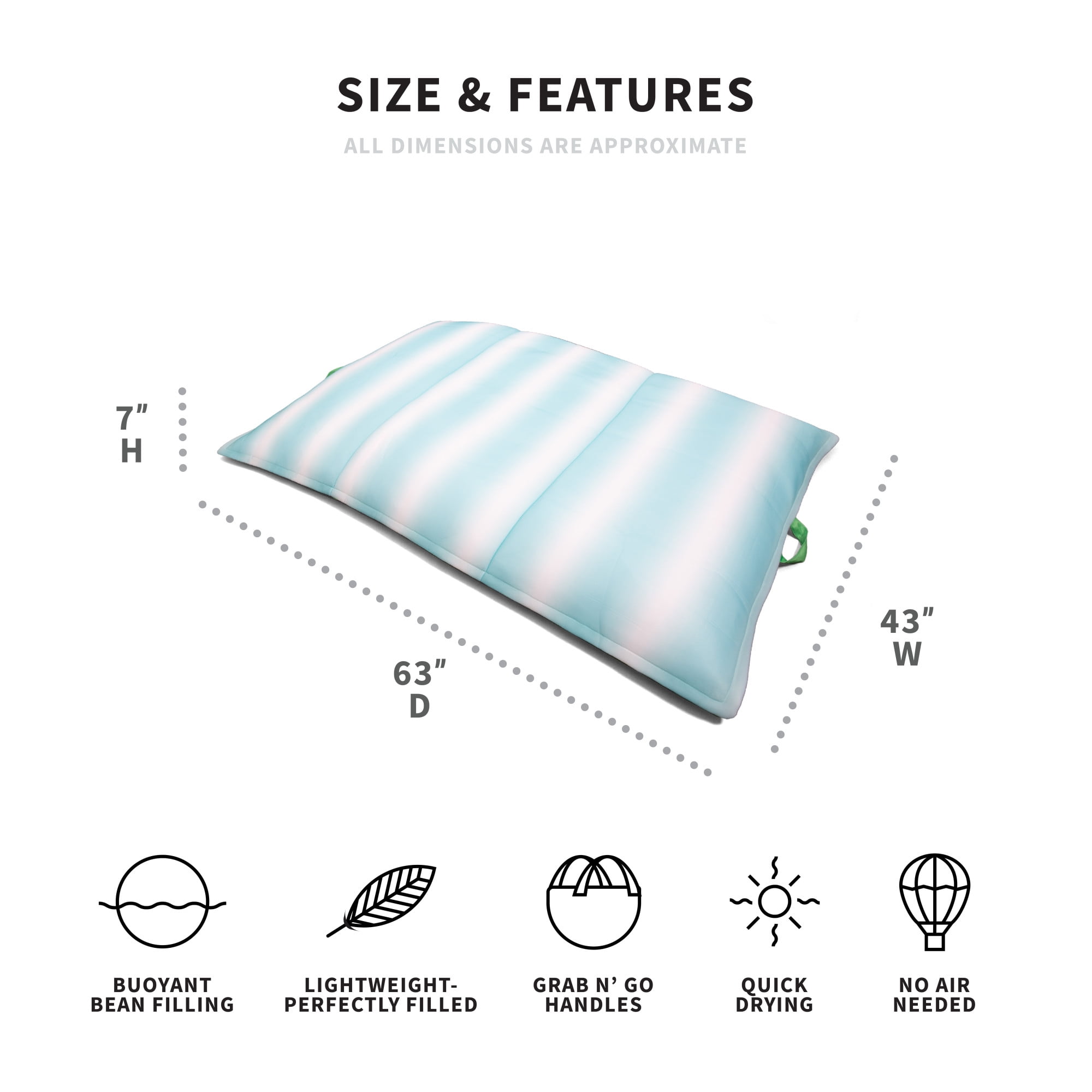 Big Joe Lagoon Lounger No Inflation Needed Pool Float. Rolling Wave Aqua Double Sided Mesh. Quick Draining Fabric. 5 feet Giant