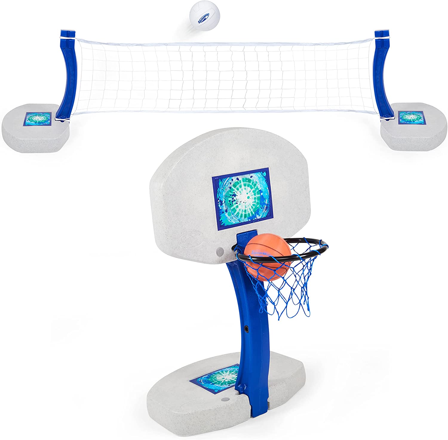 SwimWays 2-in-1 Pool Sport Combo Set - Volleyball Net & Outdoor Basketball Hoop For In- & Above Ground Pool. Outdoor Games for Adults and Family